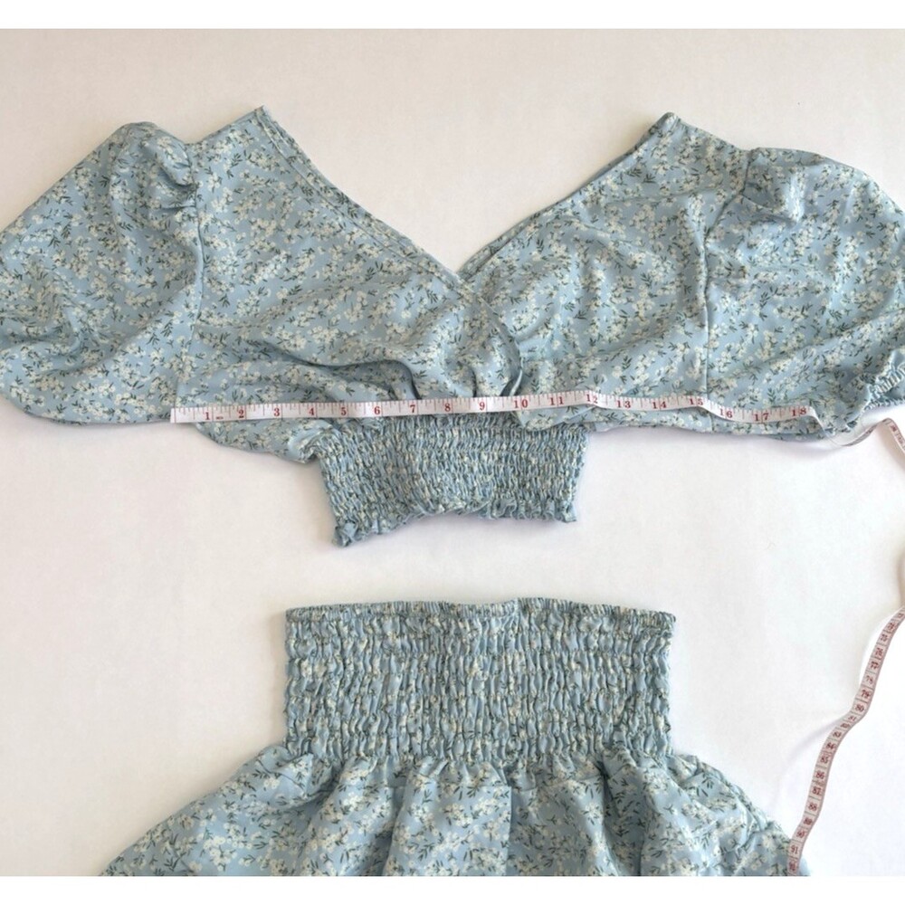 Defox Mini Skirt Crop Top Set Baby Blue Ditzy Floral Ruffle - Size S/M - Picture 4 of 5